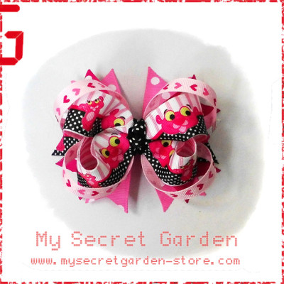 Pink Panther Grosgrain Ribbon Girls 4" Boutique Bow Hair Bows ( Hair Clip or Hair Band) 